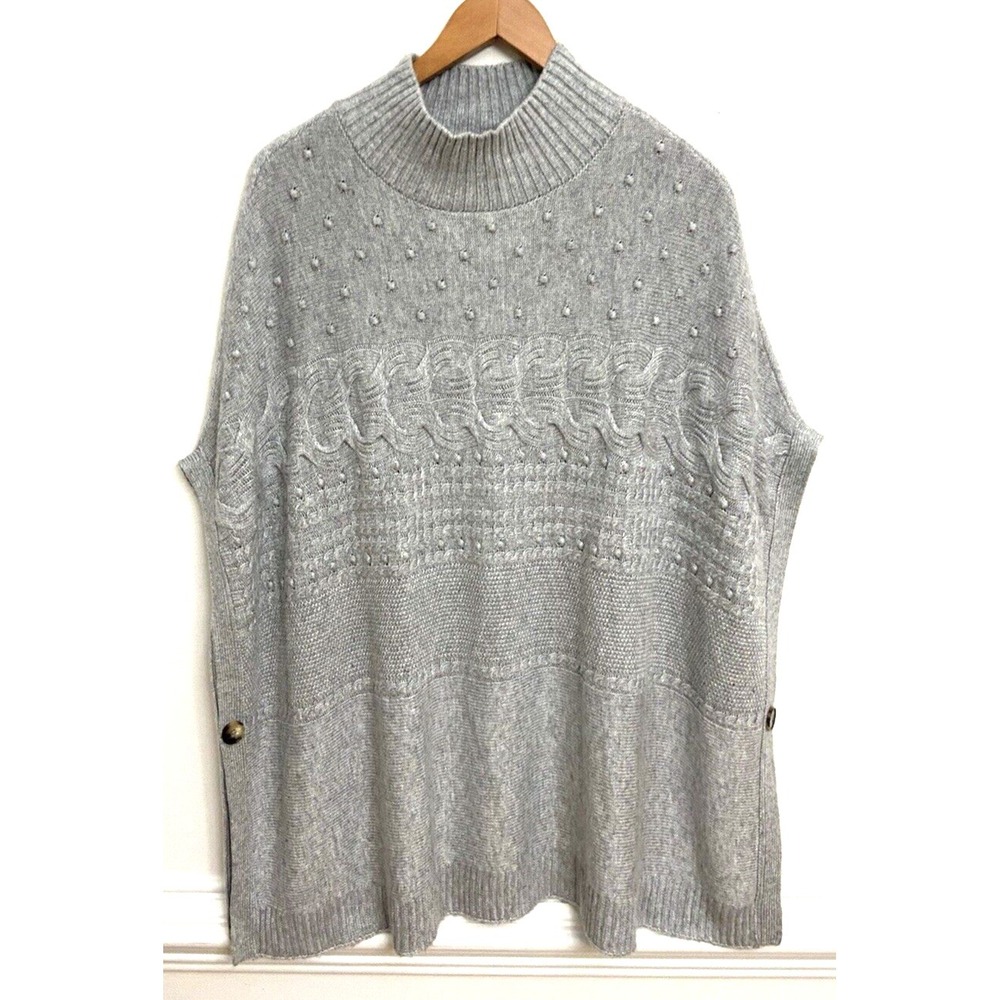 Talbots Sweater Vest Mock Neck Sleeveless Poncho Women's M Gray Oversized Button
